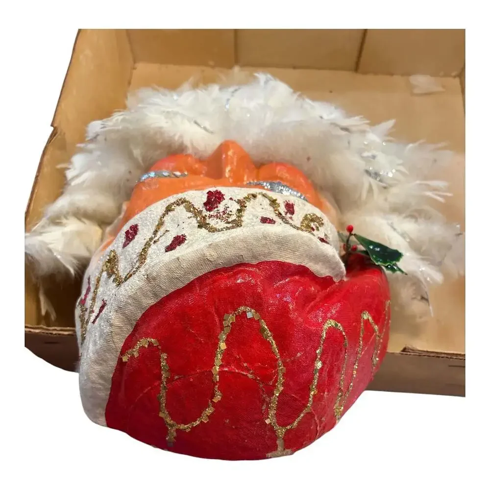 Vintage Large Hanging Paper Mache Santa Head Feather Beard Blue Eyes 22